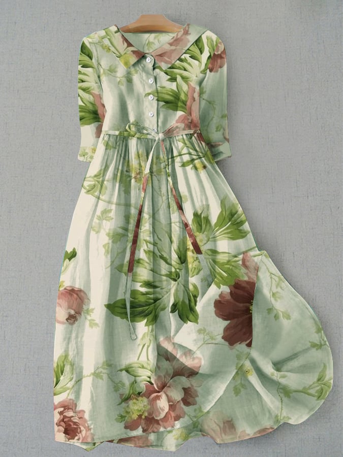 Women's Vintage Botanical Floral Design Print Lace-Up Dress