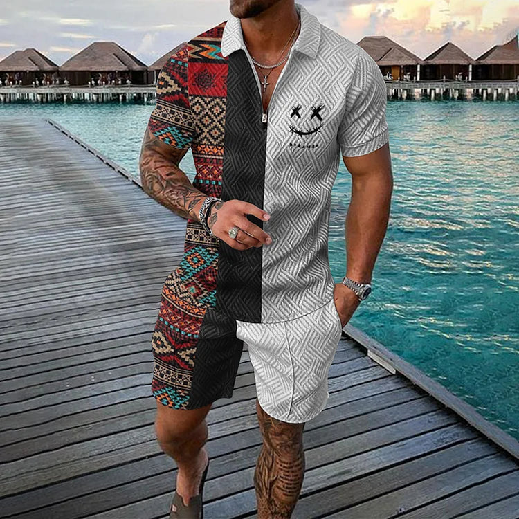 Two Tone Ethnic Smiley Face Short Sleeve Polo Shirt And Shorts Co-Ord