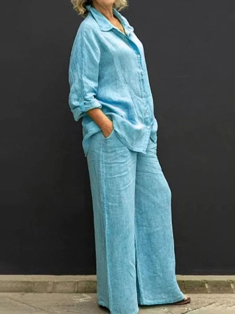 Laura - Casual linen ensemble ladies button placket