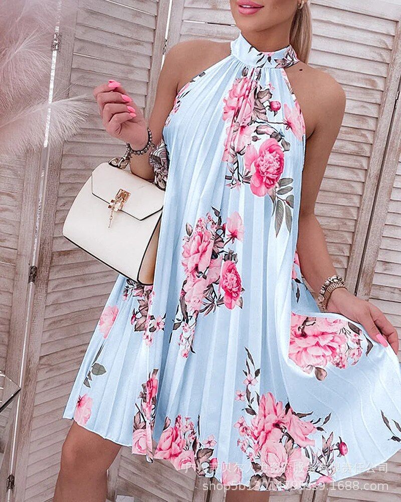 Alaine - Floral print Halter Casual Pleated Dress