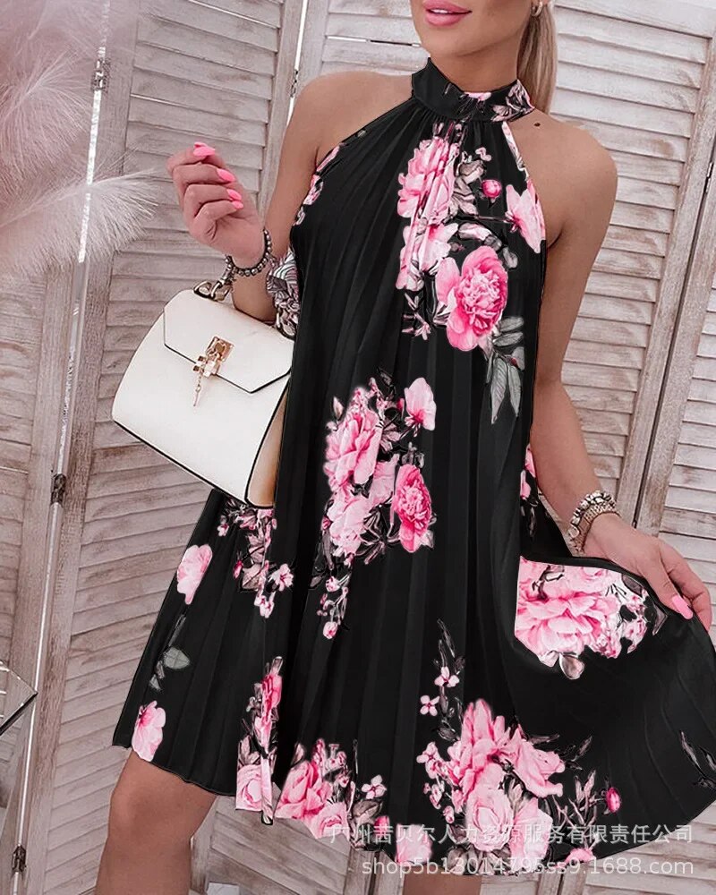 Alaine - Floral print Halter Casual Pleated Dress