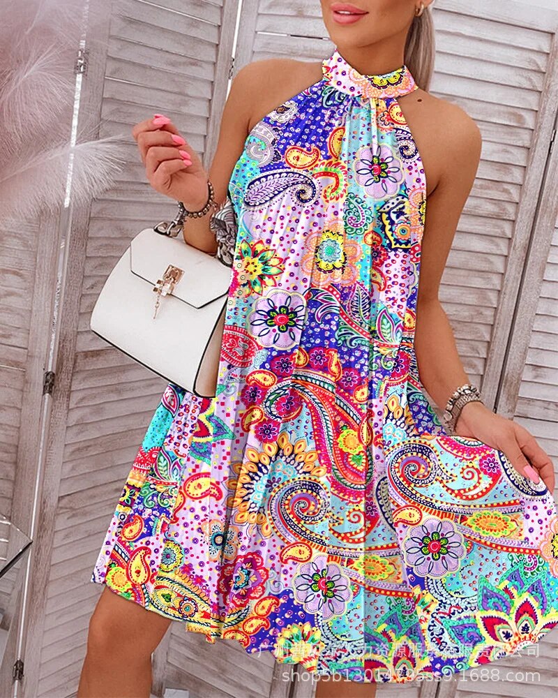 Alaine - Floral print Halter Casual Pleated Dress