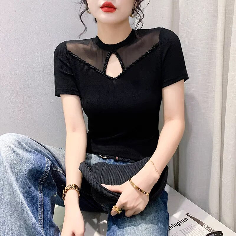 Thieda - Hollow-out Mesh Top Beaded Shirt for Women