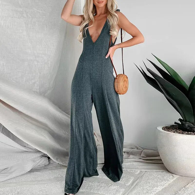 Verona - Women's Deep V-Neck Tie Shoulder Wide Leg Jumpsuit