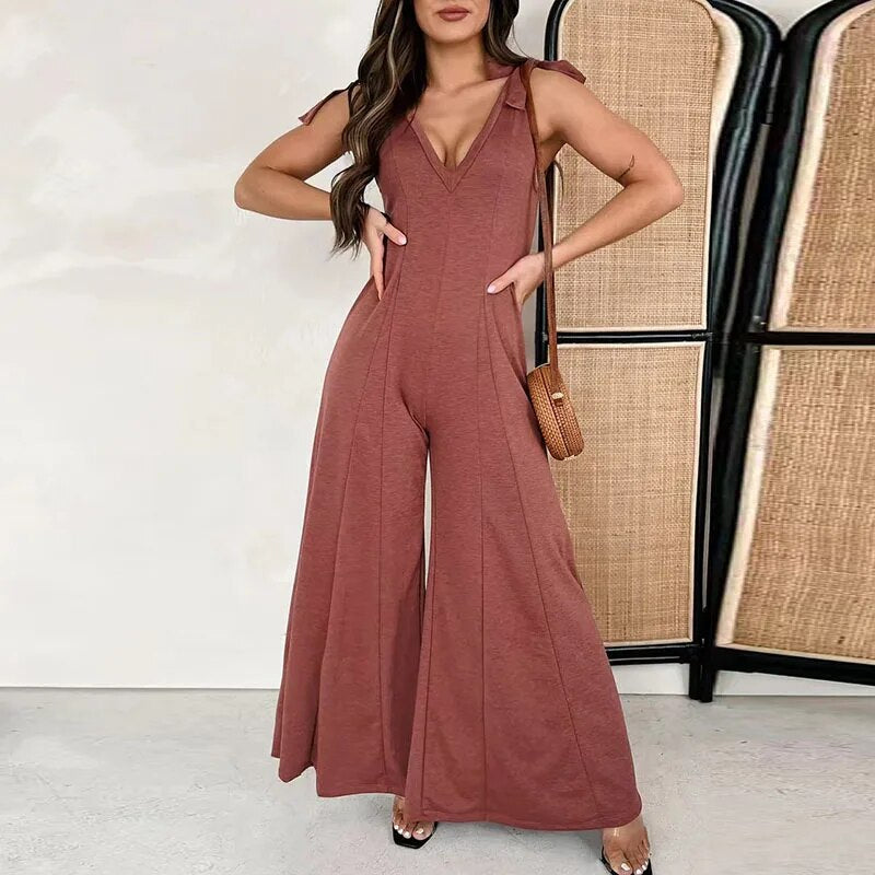 Verona - Women's Deep V-Neck Tie Shoulder Wide Leg Jumpsuit