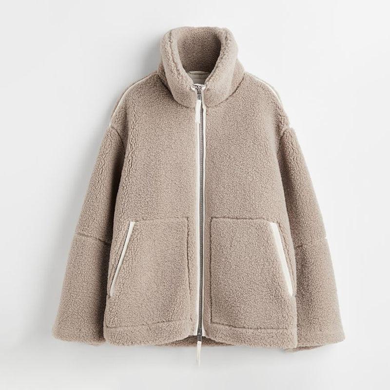 Women's Shearling Jacket - Oversized Fit - High Collar - Zip-Up Soft Teddy Fleece