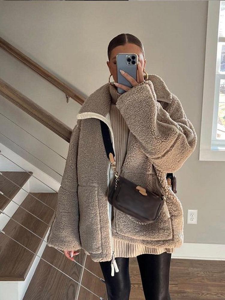 Women's Shearling Jacket - Oversized Fit - High Collar - Zip-Up Soft Teddy Fleece
