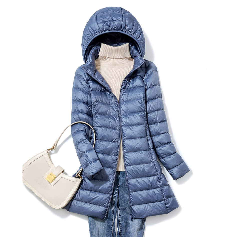 Women's Long Puffer Jacket - Quilted Lightweight - Hooded with Zip Closure - Warm Fit