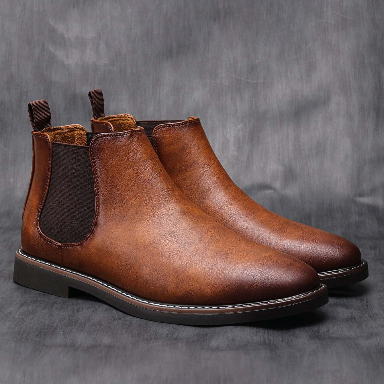 Men’s Chelsea Boots - Leather - Slip-On Design - Elastic Side Panels - Durable Sole