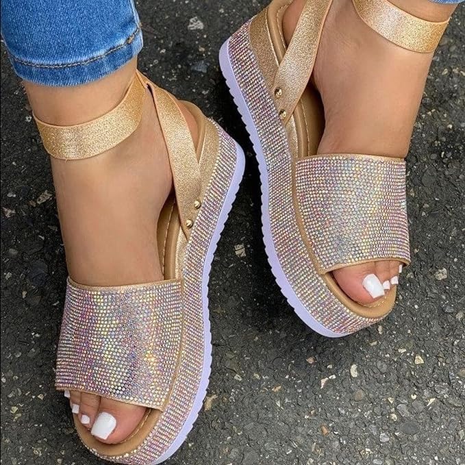 Portia - Platform wedge sandals with rhinestones