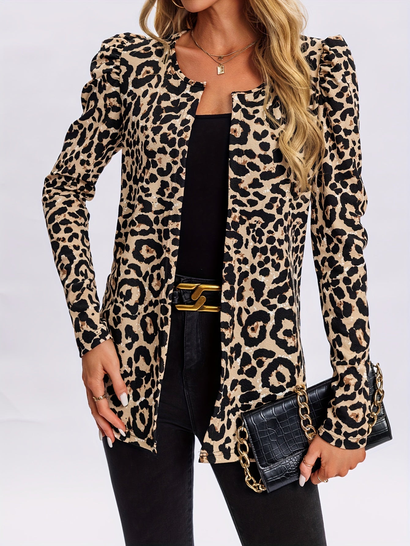 Women's Leopard Print Blazer - Long Sleeve - Open Front - Tailored Fit - Structured Shoulders
