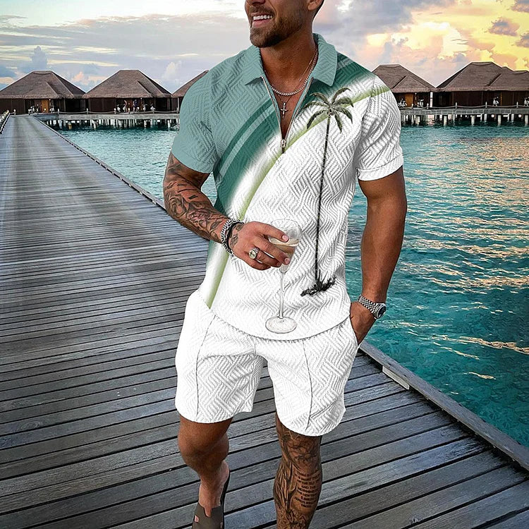 Isolated Summer Tropical Palmfrond Short Sleeve Polo Shirt And Shorts Co-Ord