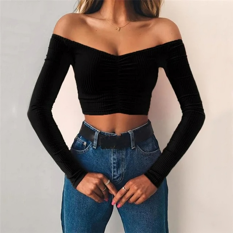 Sexy off-shoulder cut-off long sleeve for women