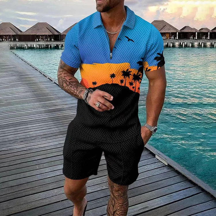 Blue Shadow Sunset Print Polo Shirt And Shorts Co-Ord