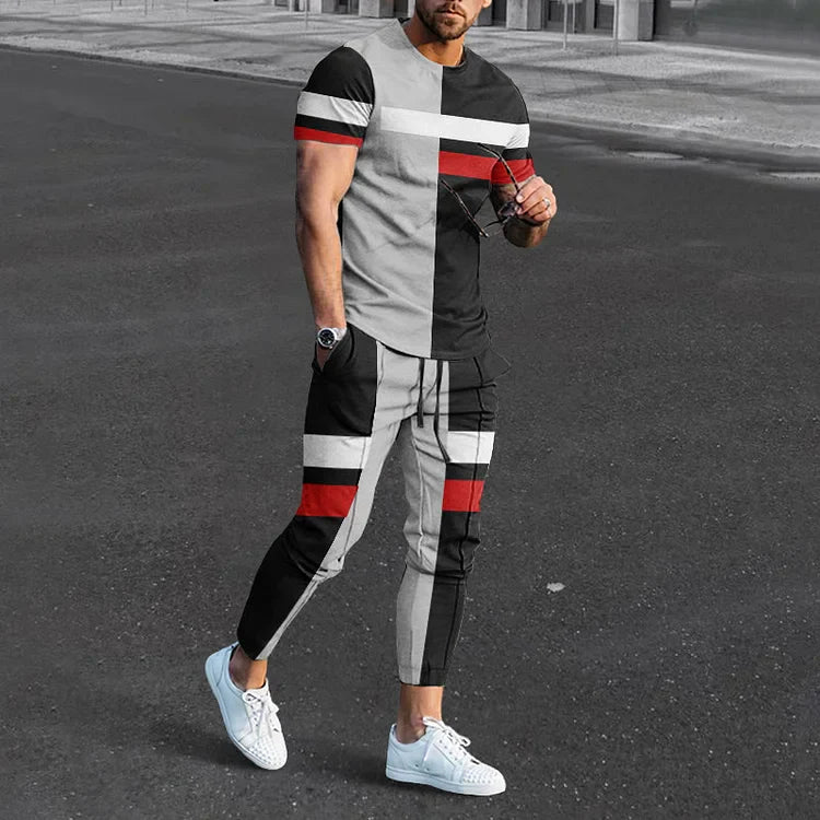 Men's Colorblock Stripe Print T-Shirt And Pants Co-Ord