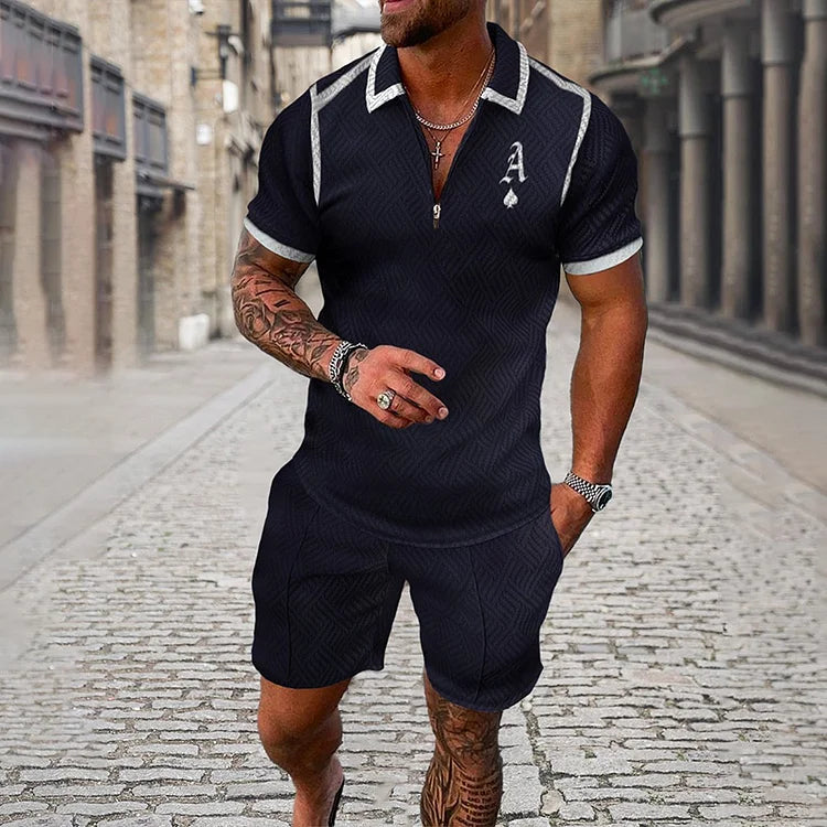 Men's Poker Print Sleeve Polo Shirt And Shorts Co-Ord