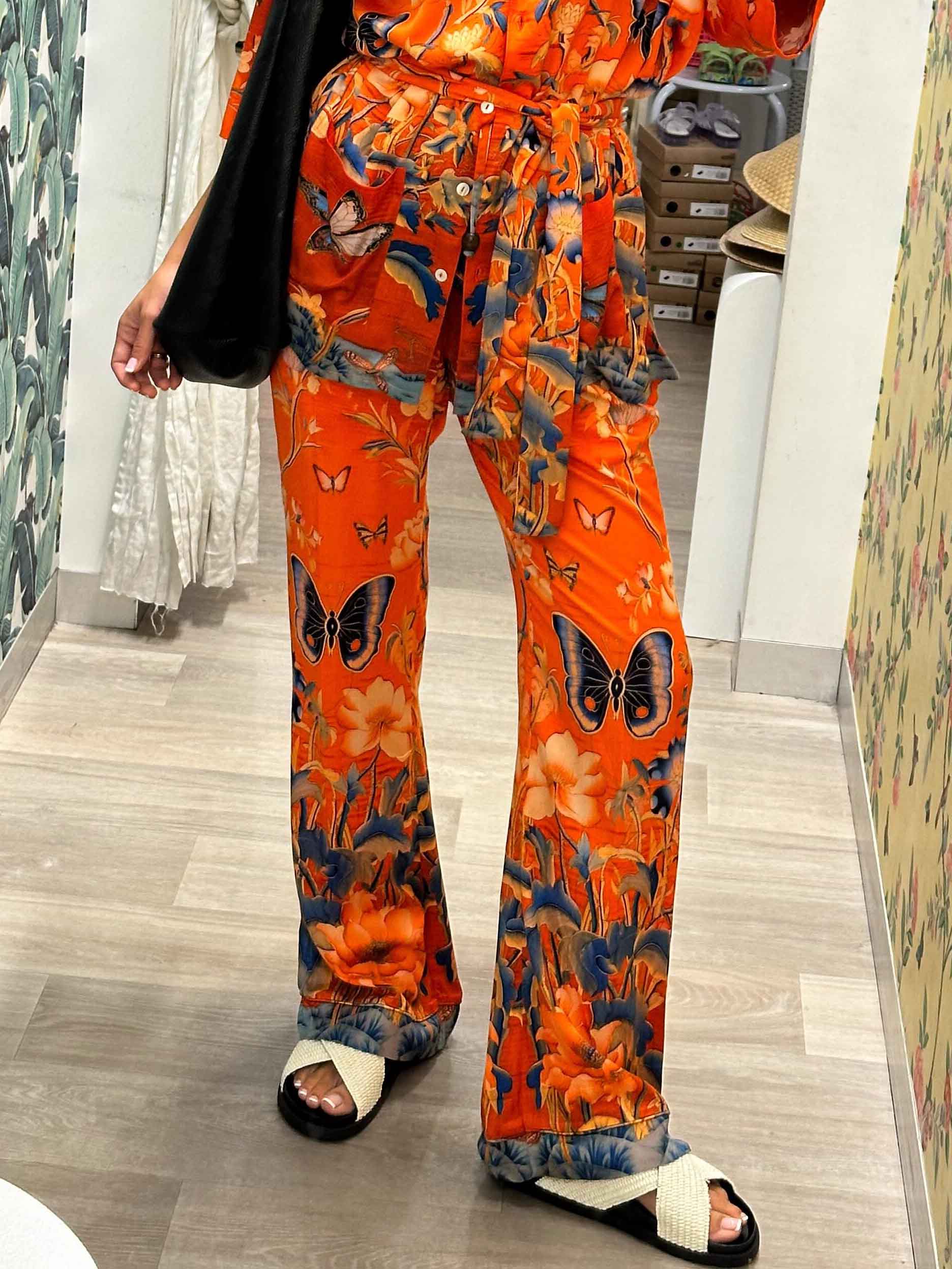 Unique Satin Butterfly Floral Print Side Pocket Straight Pants