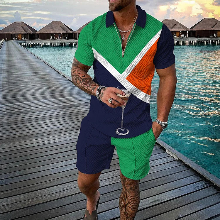 Color Contrast Black Green Short Sleeve Polo Shirt And Shorts Co-Ord