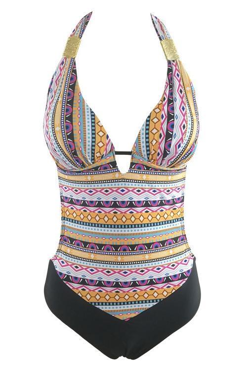 Yellow Plunging Halter Tribal Print Triangle Keyhole Backless Sexy High Cut One Piece Swimsuit