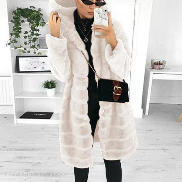 Women's Faux Fur Coat - Longline Plush Hooded Design - Relaxed Fit Elegant Style
