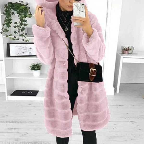 Women's Faux Fur Coat - Longline Plush Hooded Design - Relaxed Fit Elegant Style