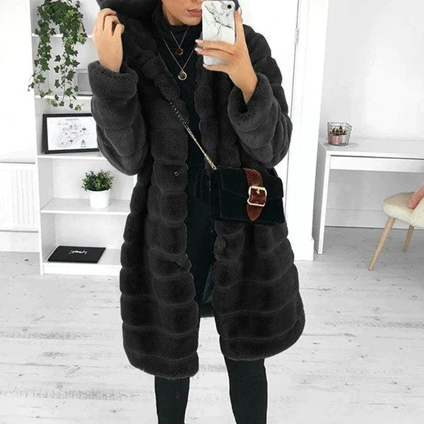 Women's Faux Fur Coat - Longline Plush Hooded Design - Relaxed Fit Elegant Style