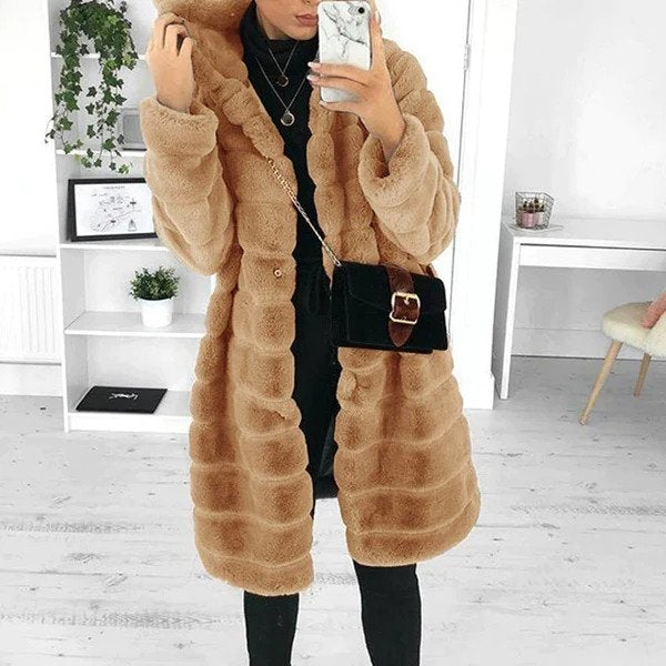 Women's Faux Fur Coat - Longline Plush Hooded Design - Relaxed Fit Elegant Style