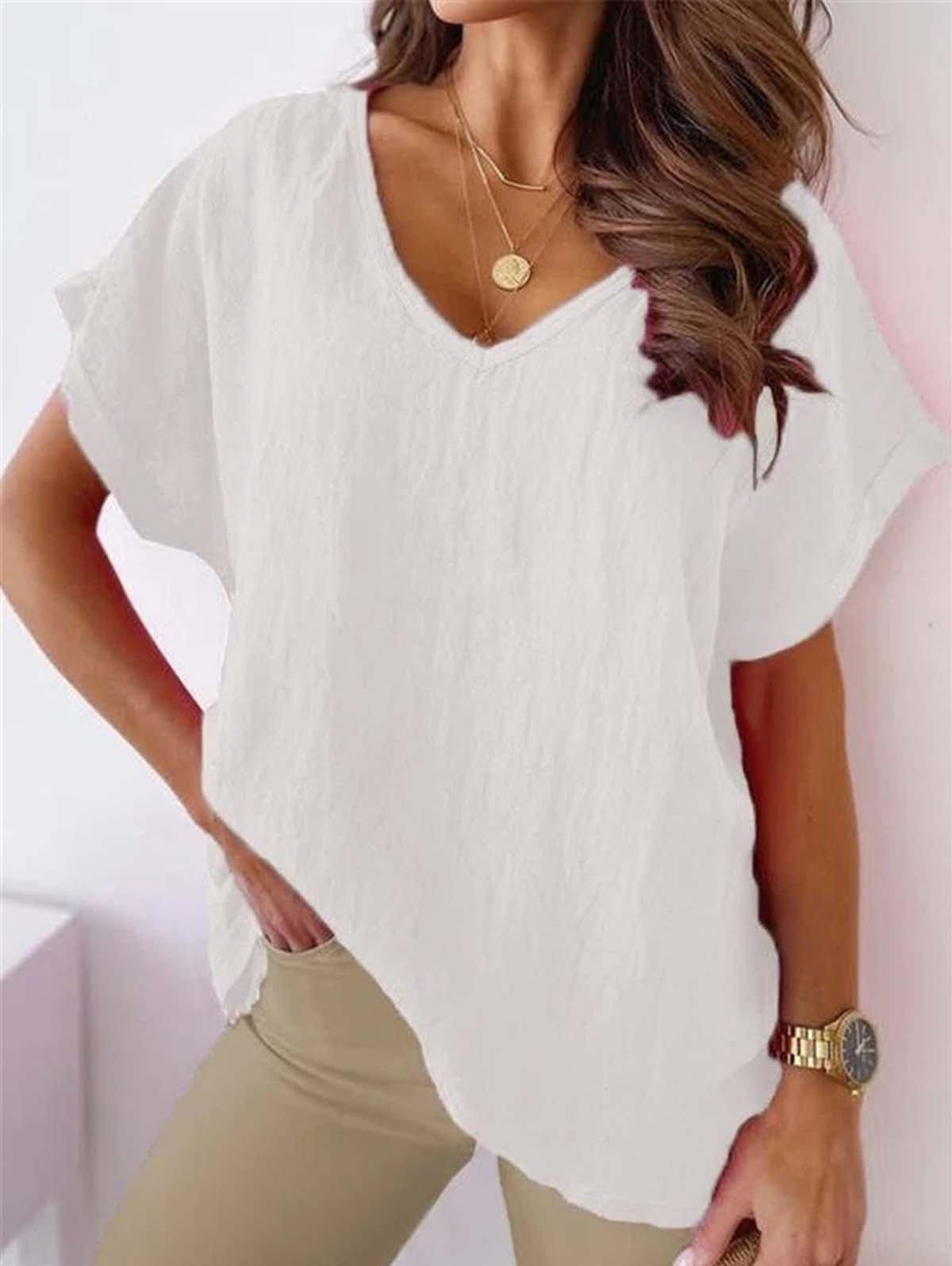 Solid V Neck Casual Top