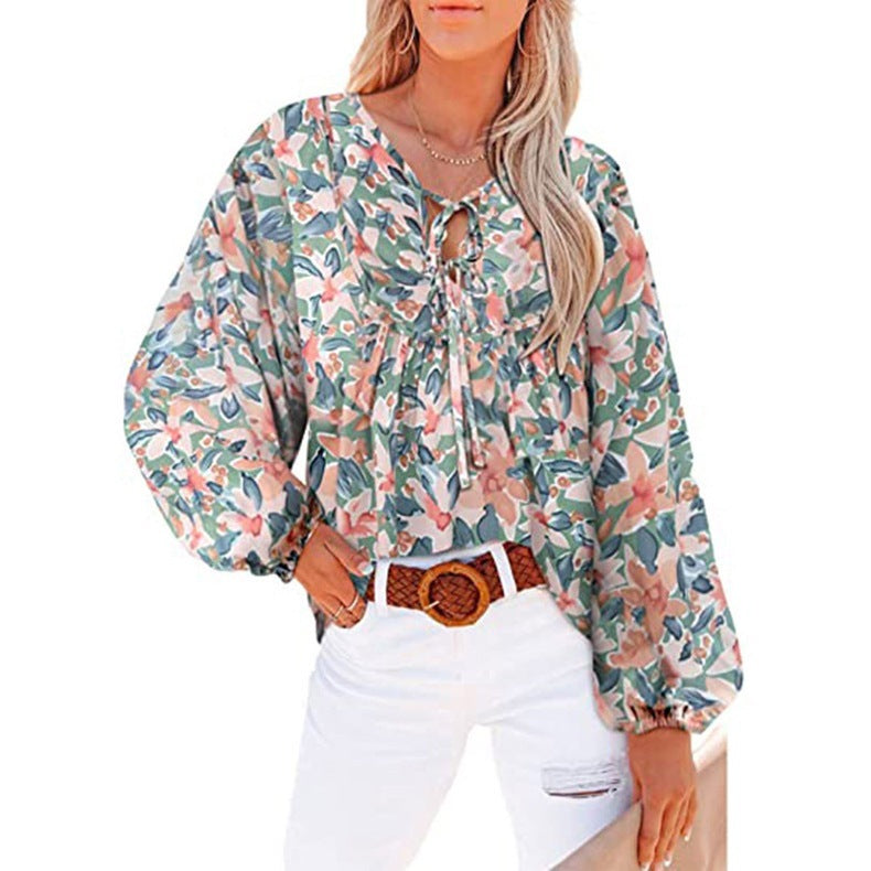 Women's Floral Ruffle Blouse Tie V-Neck Top