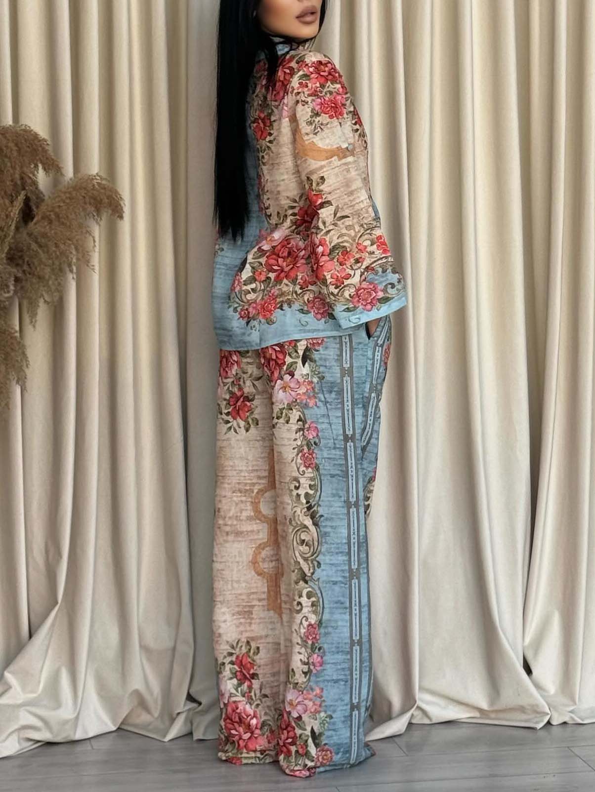 Unique Retro Palace Floral Print Side Pocket Wide-Leg Pants