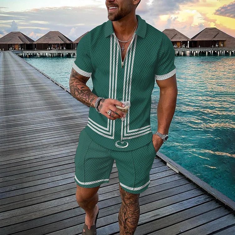 White Stripe Stitching Green Polo Shirt And Shorts Co-Ord