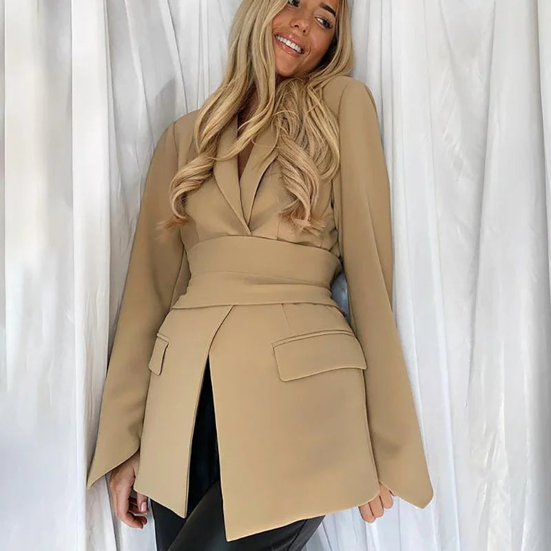 Women's Blazer - Belted Waist - Relaxed Fit - Tailored Lapel - Smart Casual Wear