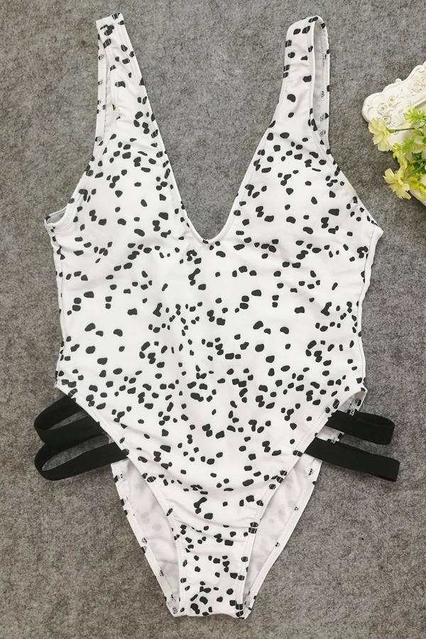 White Triangle Plunging Polka Dot Print Strappy Cutout Low Back High Cut Sexy One Piece Swimsuit