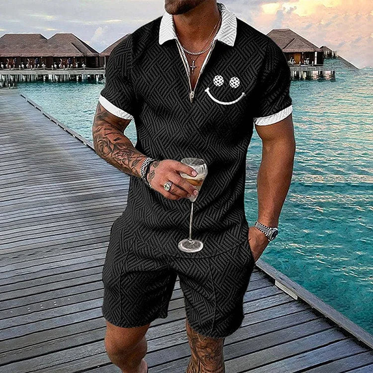 Smiley Face Pattern Print Short Sleeve Polo Shirt And Shorts Co-Ord