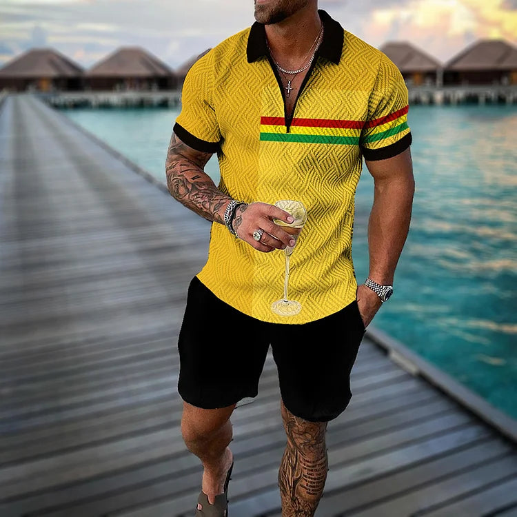 Reggae Contrast Stripes Print Short Sleeve Polo Shirt And Shorts Co-Ord