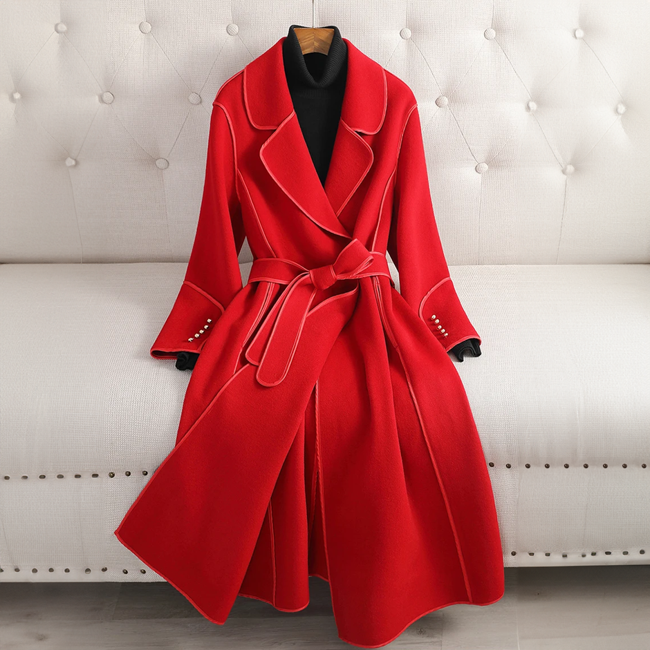 Women's Wool Trench Coat - Fitted Silhouette - Belted Waist - Notched Lapel Collar