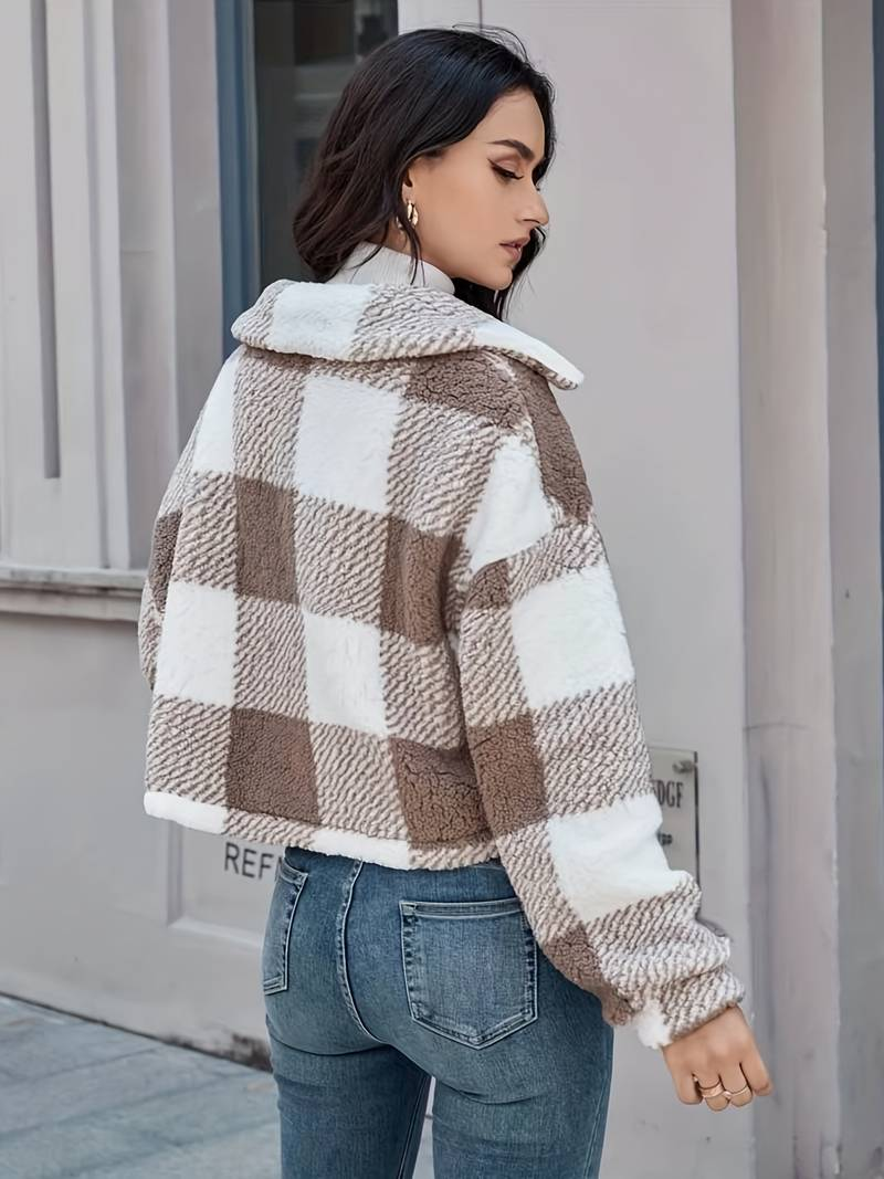 Women's Checkered Sherpa Jacket - Soft Fleece - Button-Up - Warm & Stylish