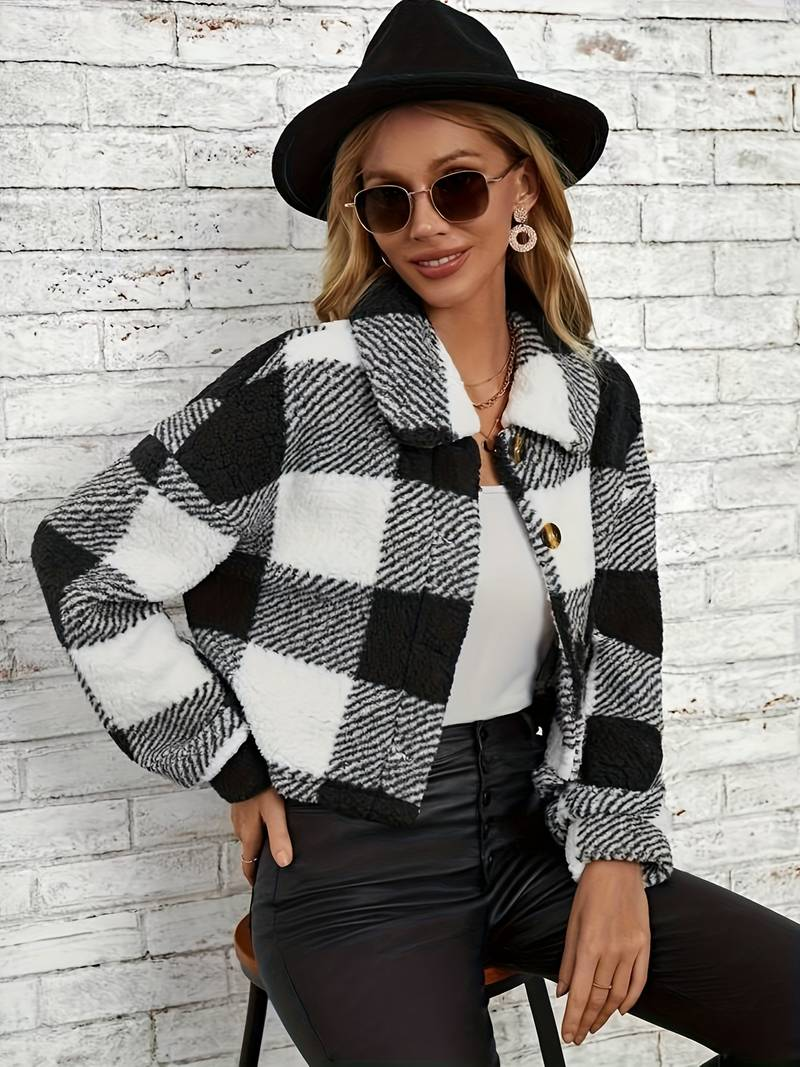 Women's Checkered Sherpa Jacket - Soft Fleece - Button-Up - Warm & Stylish