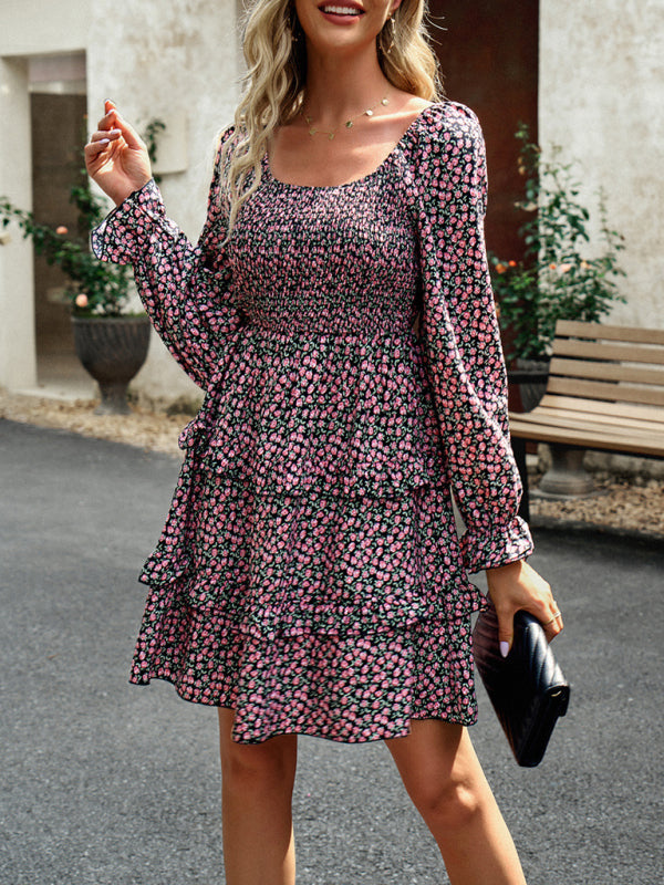 Smocked dress with floral pattern