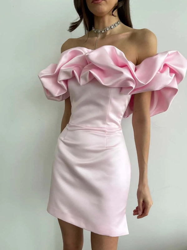 Satin Ruffle Off Shoulder Dress