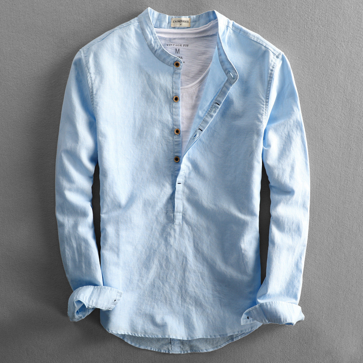 Men’s Long-Sleeve Shirt - Linen Blend - Band Collar - Lightweight Breathable Tailored Fit