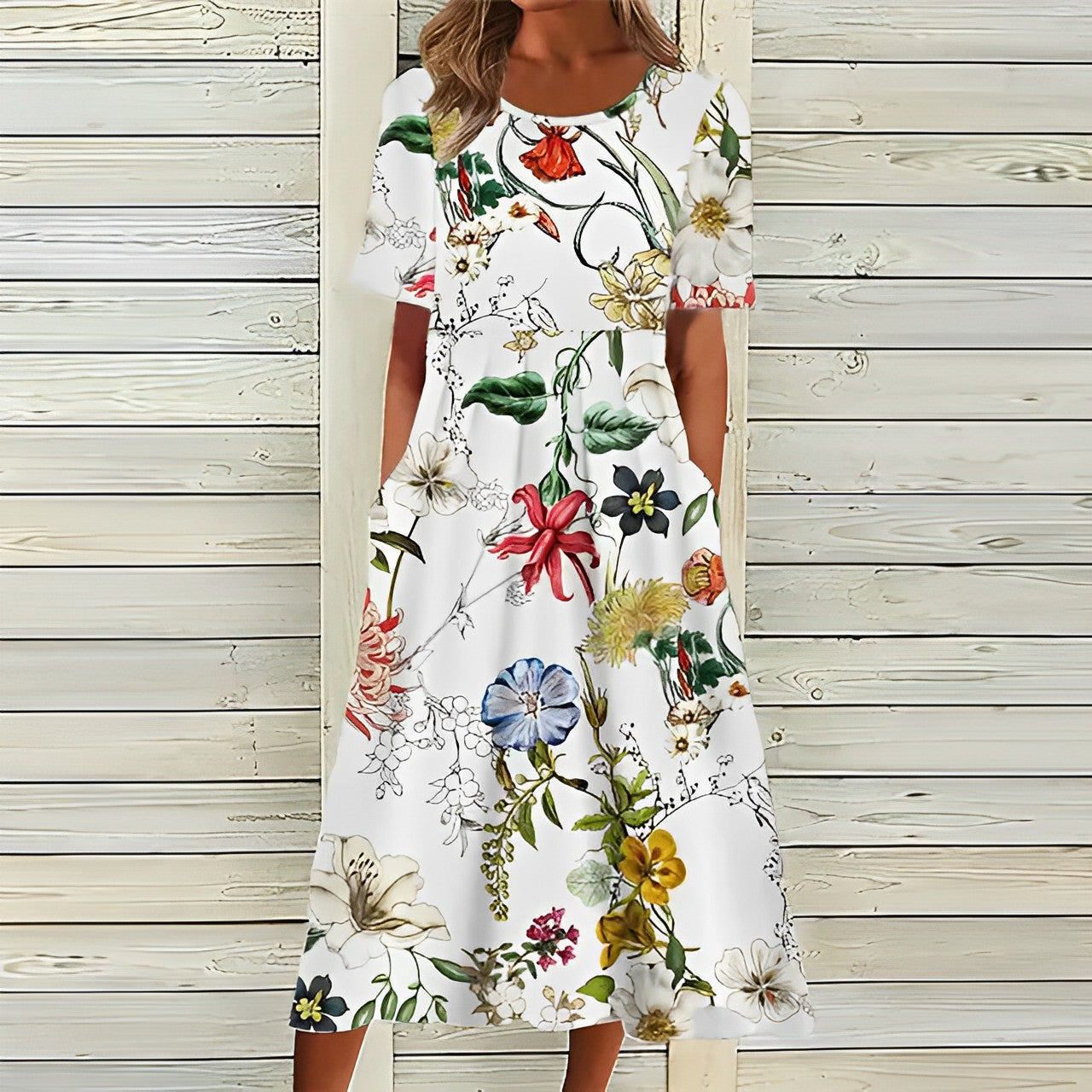 Stylish white dress with floral pattern