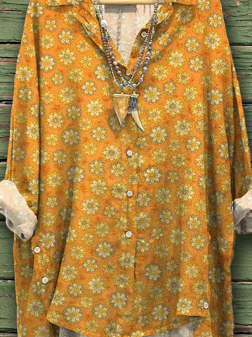 Women's Vintage Floral Flowers Print Casual Cotton And Linen Shirt