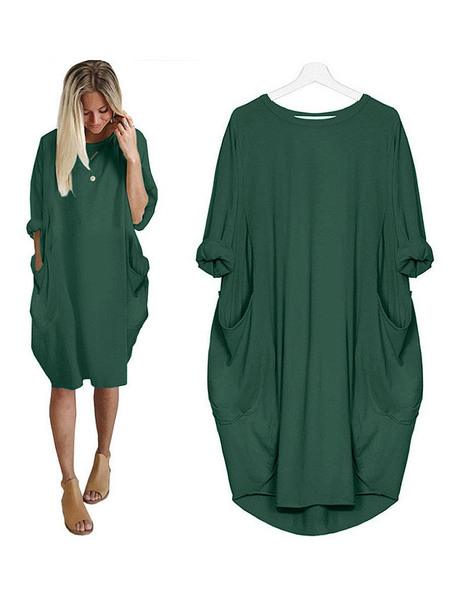 Women's Solid Color Loose Elegant Casual Long-sleeved Pocket Dress