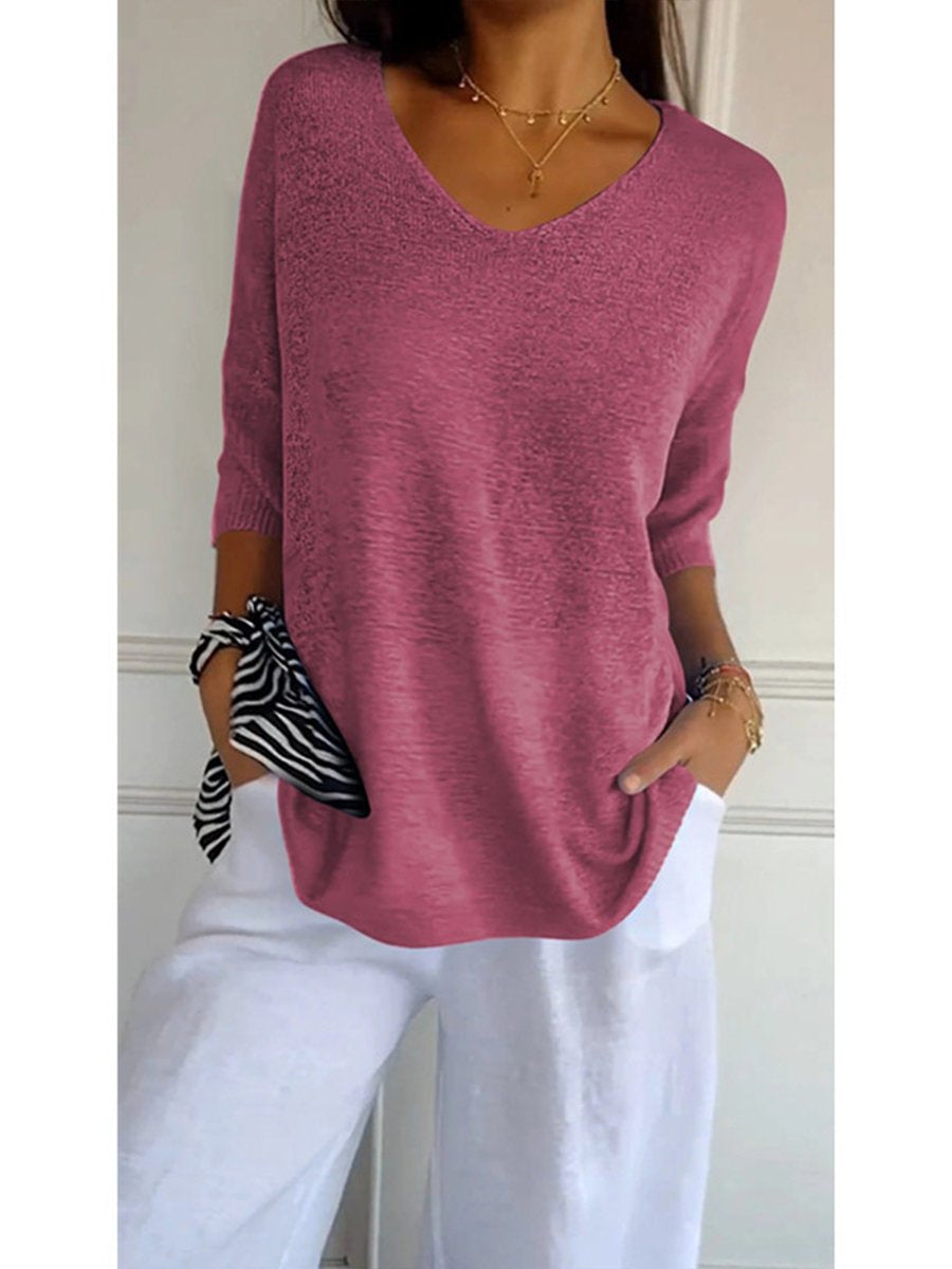 Women's Solid Color Knitted 3/4 Sleeve V-neck Top