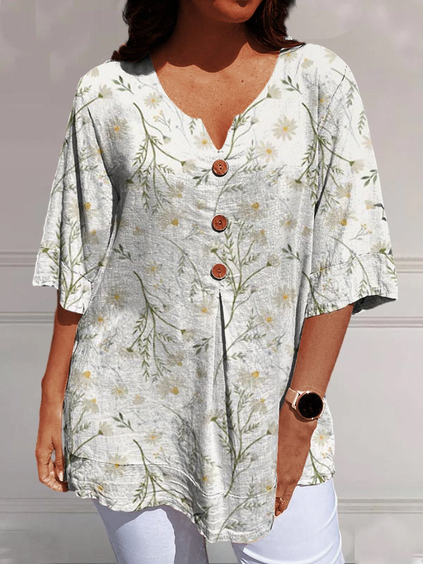 Women's Daisy Wildflower Watercolor Flower Print Casual Linen V-neck Shirt