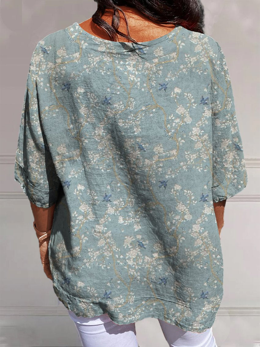 Women's Brighton Blue Print Casual Linen V-neck Shirt