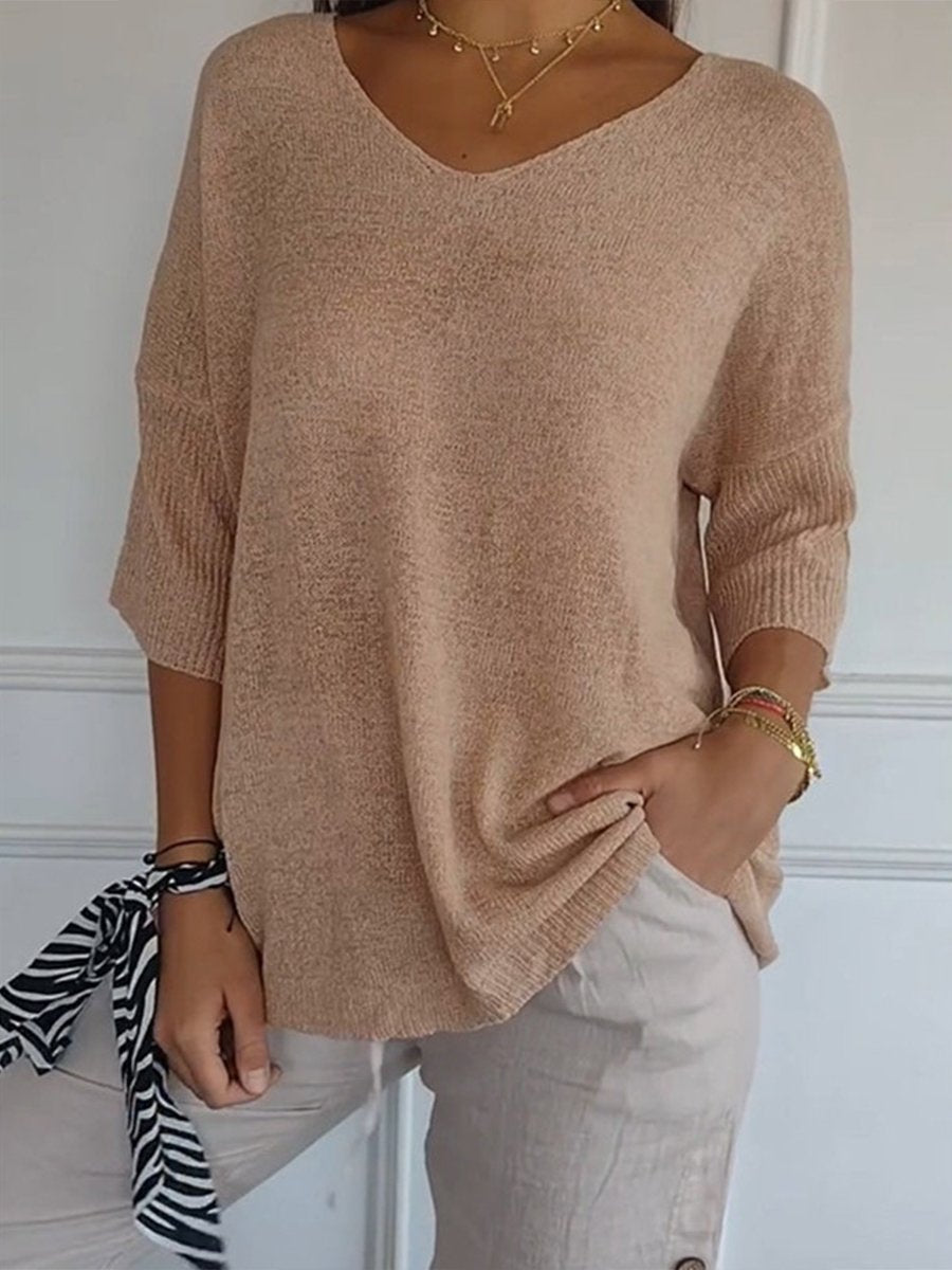 Women's Solid Color Knitted 3/4 Sleeve V-neck Top