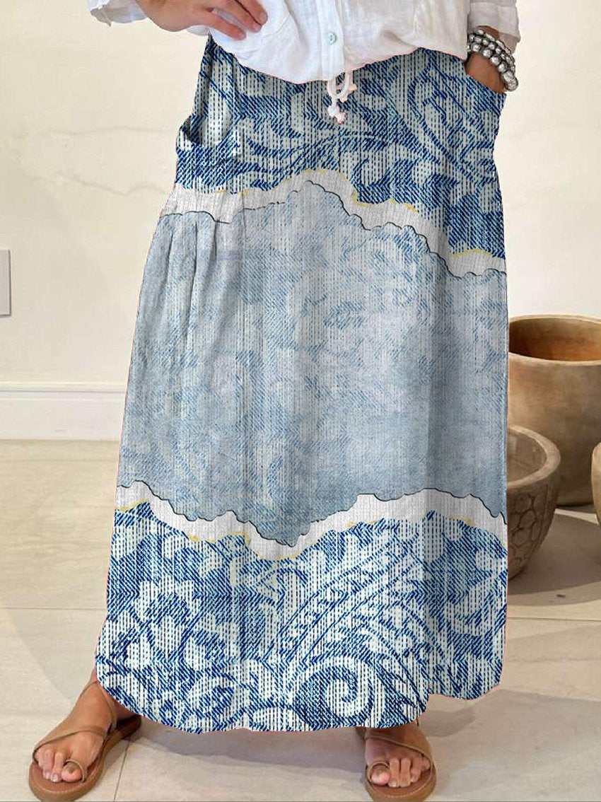 Women's Denim Texture Casual Print Linen Elastic waistband Pocket Skirt