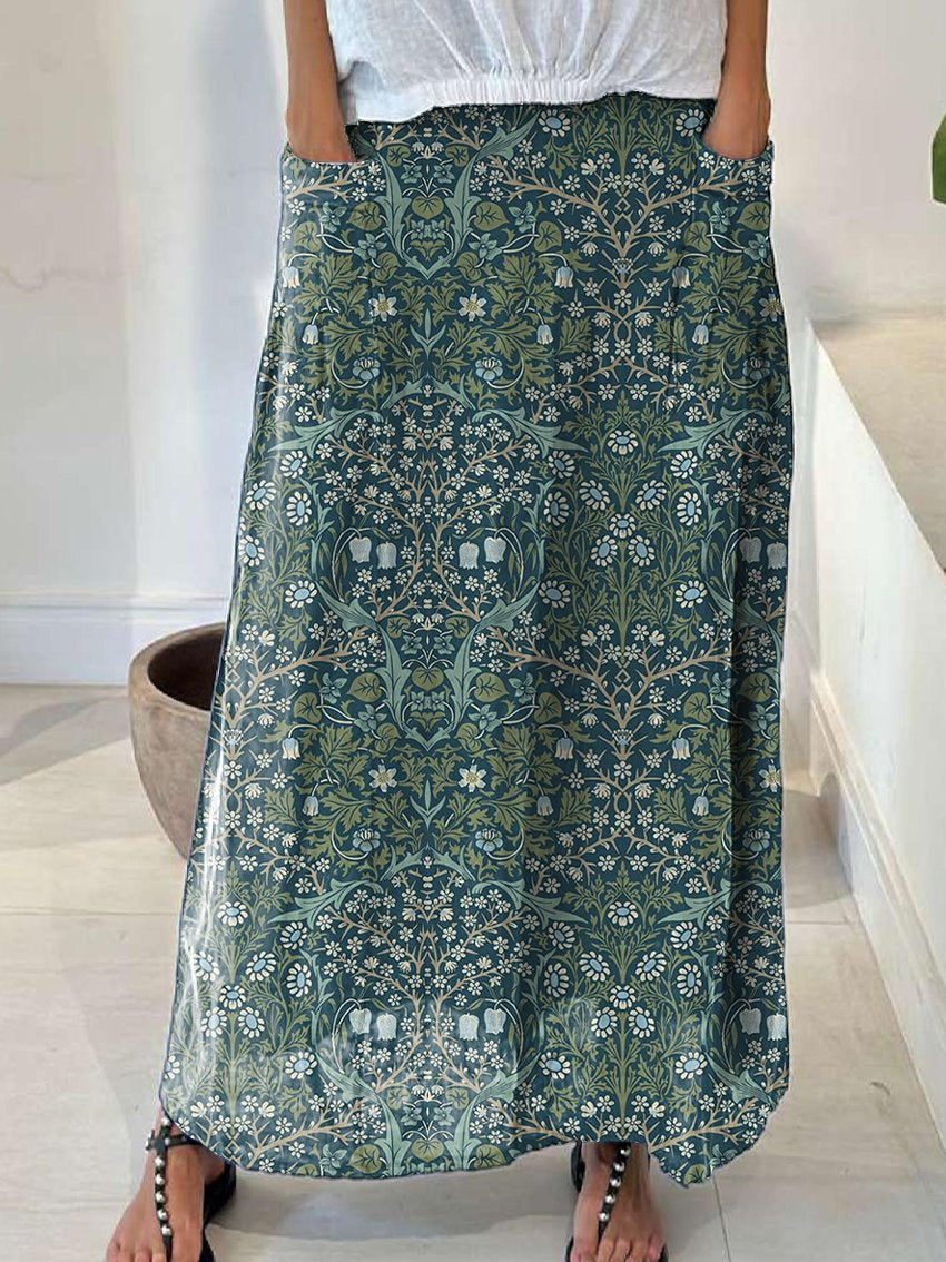 Women's Green Floral Linen Pocket Skirt